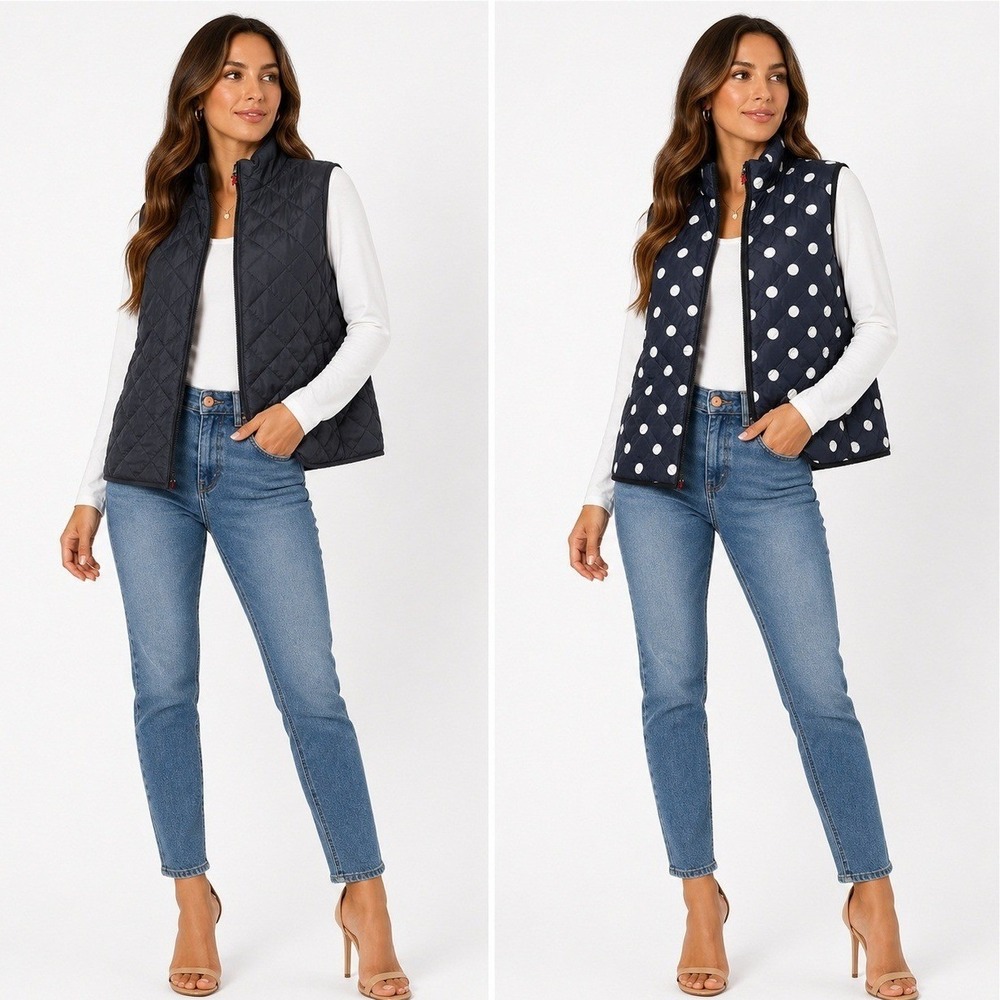 Banana Republic Vest Womens Large Reversible Quilted Puffer Vest Navy Polka Dot